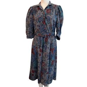 Vintage Size 10 Belted Brushed Cotton Dark Gray Floral Knee Length Dress USA